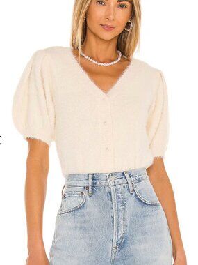 ASTR the Label - Alba Beige Fuzzy Puff-Sleeve Cardigan - sz XS